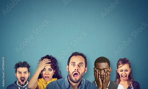 Group of multicultural people being emotional with different feelings. Women and men expressing anger, desperation, shock