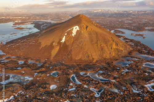 Mystical space drone view mountain and frozen lake pseudocraters. Myvatn in the north of Iceland. photo