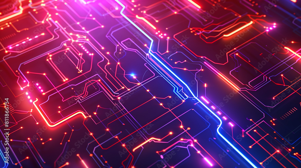 A computer chip with red and blue lines A computer chip with red and blue lines