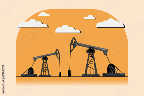 A cartoon of two oil rigs with a cloudy sky in the background