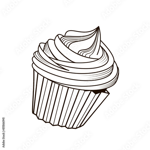 cupcake with white cream black and white outline vector illustration