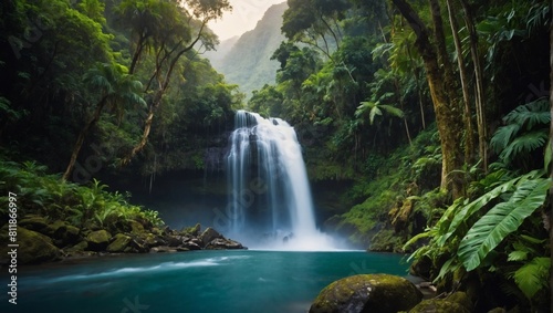 Majestic waterfall cascading between verdant mountains  nestled within a vibrant rainforest.