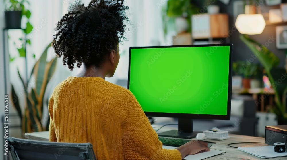 African American Woman Working at Home Office with Green Screen Monitor African American Woman Working at Home Office with Green Screen Monitor