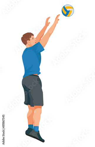 Isolated figure of a man jumping and pushing a volleyball with two hands
