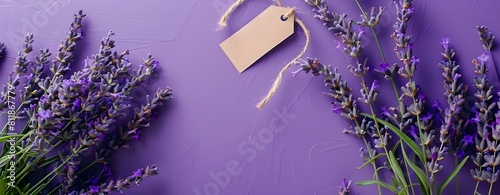 A blank tag mockup on lavender flowers  with copy space for text and a textured rustic background. Lavender flowers with empty gift tag on purple background  flat lay banner for commercial advertising