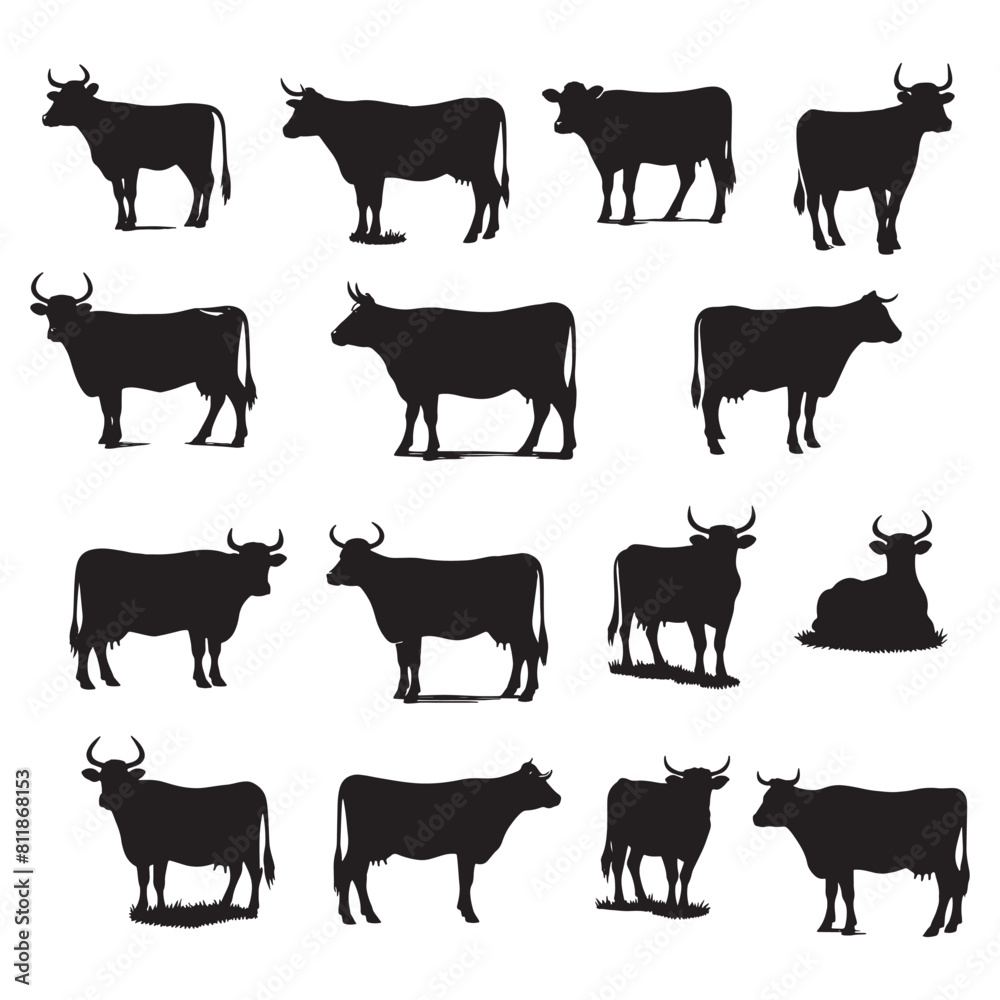 set of cows silhouettes on white set of cows silhouettes on white