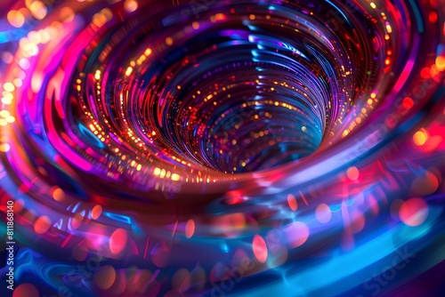 Colorful glowing lights in motion. Glowing spiral. Light trails. photo