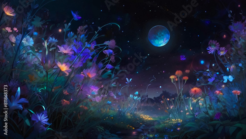 A beautiful fairytale enchanted forest at night with a big moon in the sky illuminating trees and great vegetation. 