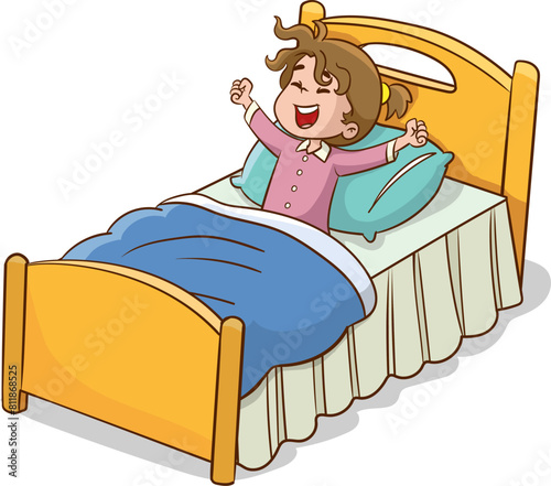 happy cute little kid girl wake up in the morning
