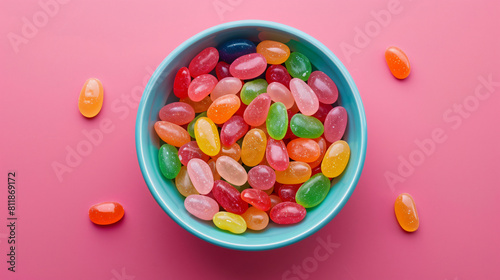 Bowl with multicolored jelly beans on color background