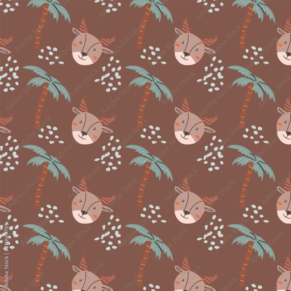 Obraz premium Wild african safari animals pattern in trendy scandinavian style. Cute childish print with tropical jungle portraits of animals.