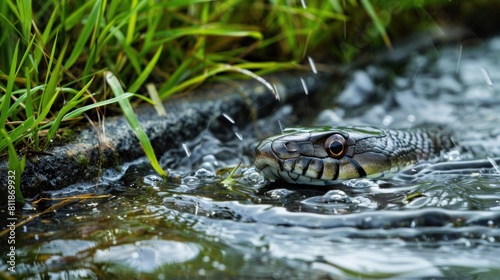 Close up of a wild snake in the water with green grass AI generated image © is
