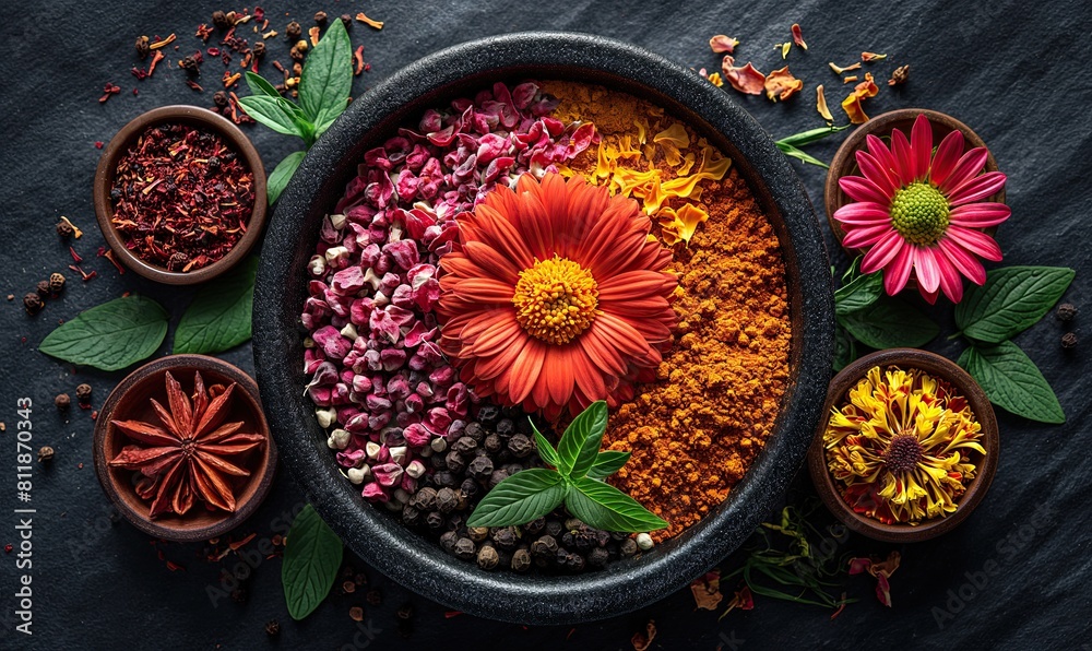 Colorful Spices and Flowers in Stone Bowl