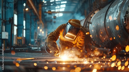 Smart industrial worker using steel welding machine welding steel at factory while wearing safety protection gear. Professional engineer cutting metal tube create spark. Manufacturing concept. AIG42.