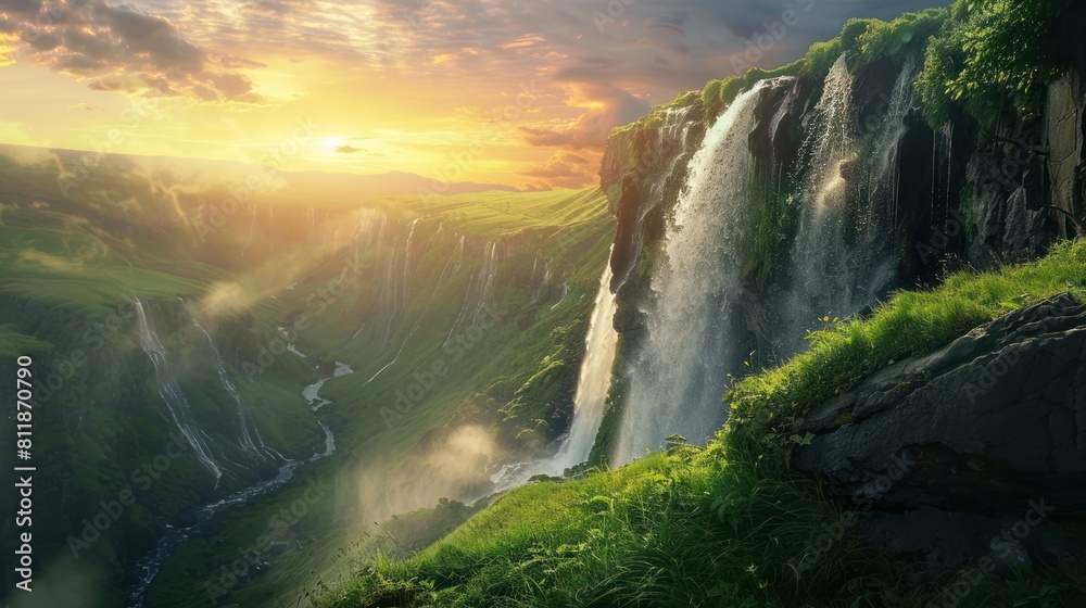 View of the waterfall from a beautiful cliff with green grass in the afternoon. AI generated image