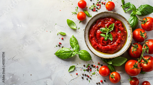 Bowl with tasty tomato paste and fresh vegetables