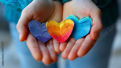 A person holding two colorful heart shaped paper pieces. photo