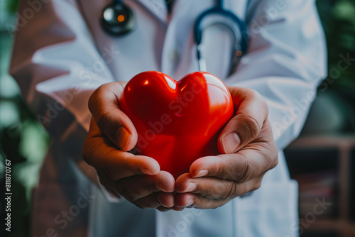 A doctor holding a red heart in his hands. photo
