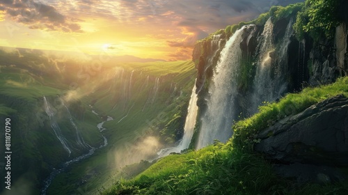 View of the waterfall from a beautiful cliff with green grass in the afternoon. AI generated image