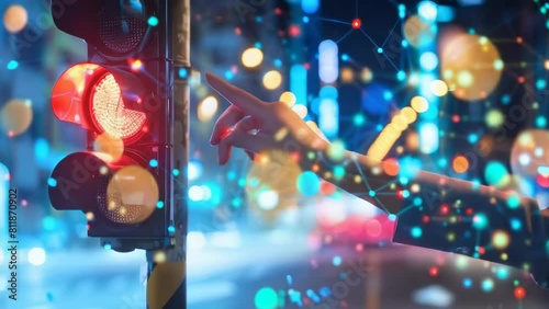 Hand pressing the pedestrian signal button, set against a backdrop of glowing city lights and bokeh effects. This image combines urban life with the colorful energy of night-time cityscapes photo