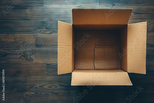 A cardboard box on a wooden floor. photo