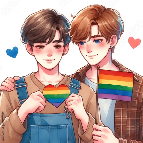 Watercolor Illustration Depicting Two Boys Holding a Rainbow Flag, Symbolizing Unity and Pride within the LGBTQ+ Community. photo