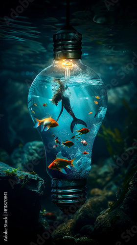 A light bulb with fish inside it. photo