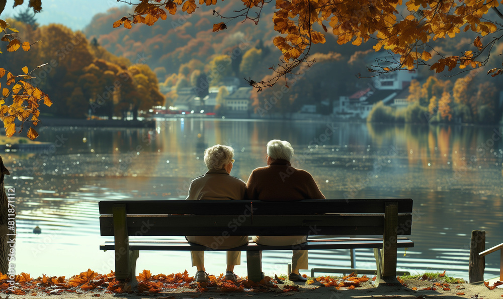 An elderly couple, wrapped in the warm rays of the autumn sun, sits on a bench on the shore of the lake, enjoying the moments together and the beauty of the surrounding landscape. An elderly couple, wrapped in the warm rays of the autumn sun, sits on a bench on the shore of the lake, enjoying the moments together and the beauty of the surrounding landscape.