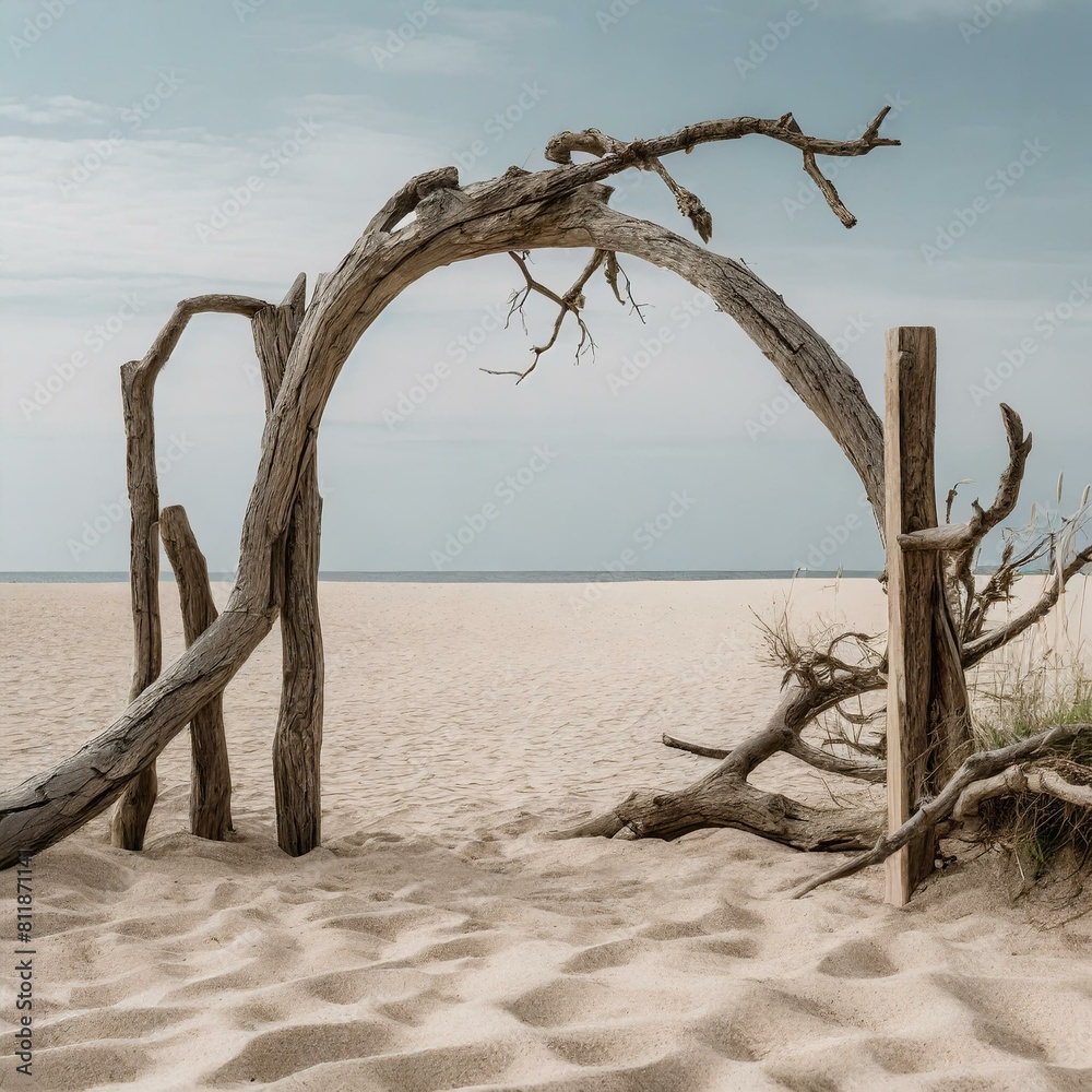 a dry tree forming an arch on the sandy landscape, with a product display presented against a pastel surreal background adorned with dry driftwood snag, branch frame, and gates. The ethereal quality o a dry tree forming an arch on the sandy landscape, with a product display presented against a pastel surreal background adorned with dry driftwood snag, branch frame, and gates. The ethereal quality o