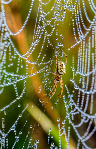 Web with a spider close-up. Drops of dew. Blurred background.