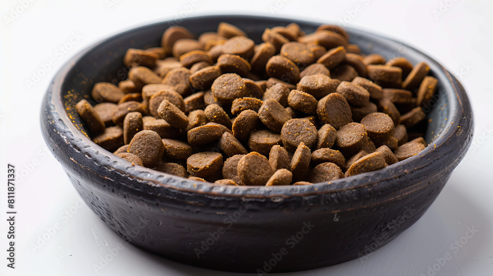 A bowl of dog food on a white background. A bowl of dog food on a white background.