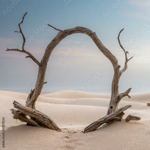 tree in the desert.a dry tree forming an arch on the sandy landscape, with a product display presented against a pastel surreal background adorned with dry driftwood snag, branch frame, and gates. The