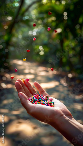 A person holding a handful of colorful sprinkles.