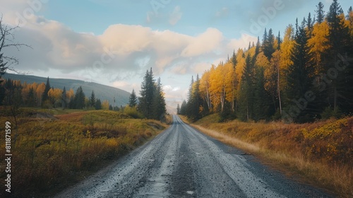Panorama of a straight asphalt road passing through beautiful forest trees. AI generated image photo