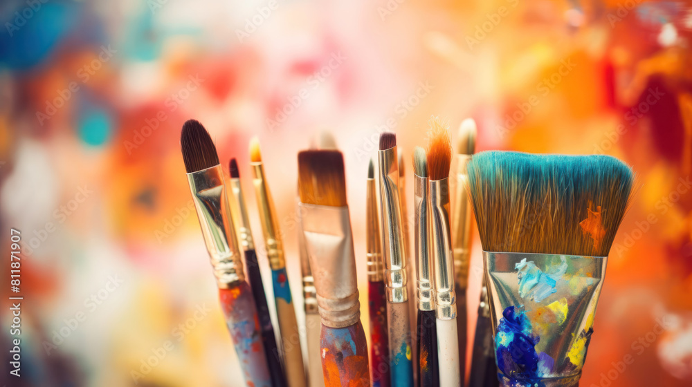 brushes on a background of paints, close-up brushes on a background of paints, close-up