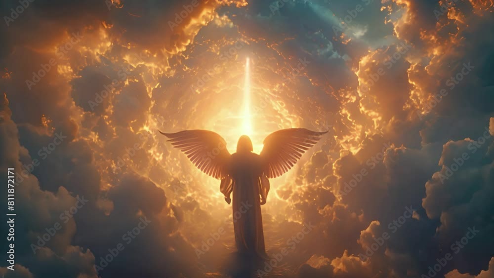 Guardian angel in the clouds of heaven. Spiritual background. Archangel. Heavenly angelic spirit with wings. White angel. Belief. Afterlife. Spiritual Angel. Blessing. Sky clouds with bright light ray