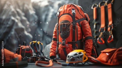 Wallpaper Mural The image shows a set of mountaineering equipment, including a backpack, helmet, and ice axe Torontodigital.ca