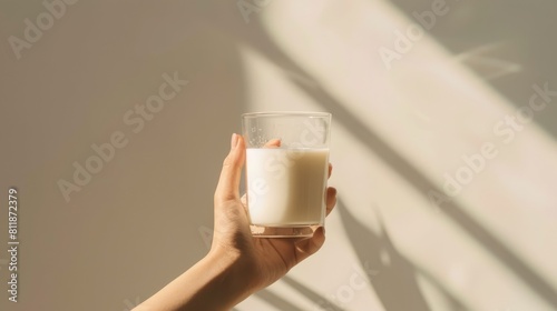 A woman s hand delicately cradles a glass of fresh milk against a pristine white backdrop embodying the essence of World Milk Day and the realm of healthcare and well being photo