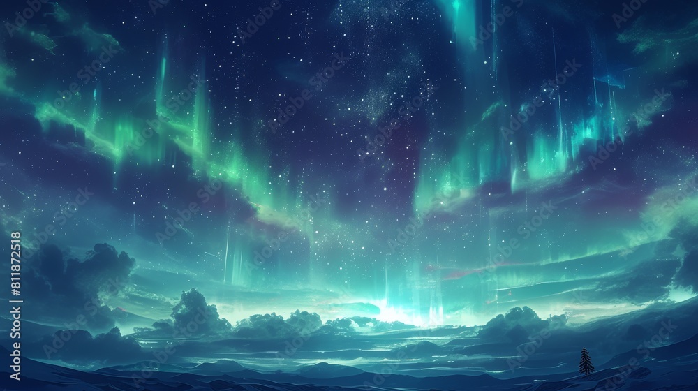 background with space. A green and purple intertwined aurora in the night sky, surrounded by the twinkling stars in the dark of the universe.