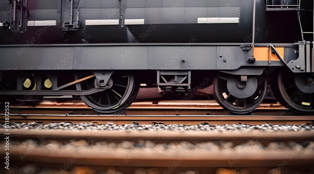 Dynamic perspective of moving freight train wheels in low angle shot Dynamic perspective of moving freight train wheels in low angle shot