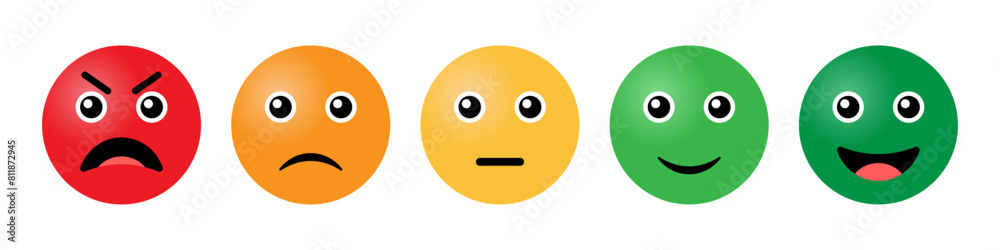 Fototapeta premium 3D Rating emoji in colorful style. Feedback emoticons collection. Excellent, good, neutral, bad and very bad emojis. Flat icon set of rating and feedback emojis icons in colored.