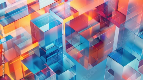 3D rendering of blue and orange glass cubes of various sizes AIG51A. photo