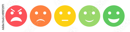 Rating emoji set in colored flat style. Feedback emoticons collection. Excellent, good, neutral, bad and very bad emojis. Flat icon set of rating and feedback emojis icons in colored. photo