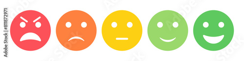 Rating emoji set in colored flat style. Feedback emoticons collection. Excellent, good, neutral, bad and very bad emojis. Flat icon set of rating and feedback emojis icons in colored.