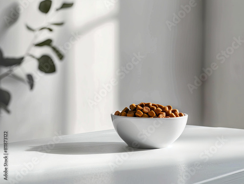 A bowl of nuts on a white table. photo