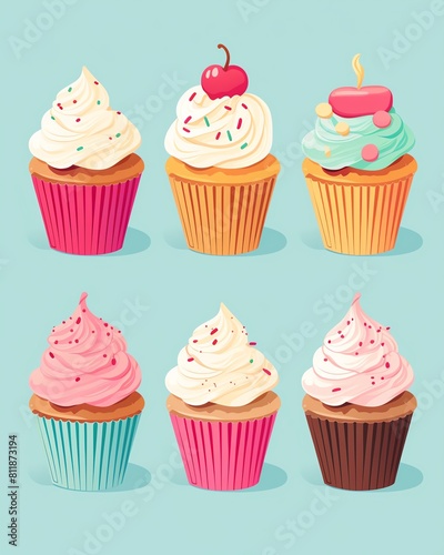 Cupcakes with colorful icing flat design front view bakery theme animation vivid.