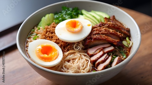 A steaming hot bowl of spicy ramen topped with marinated pork belly and a soft-boiled egg-- 