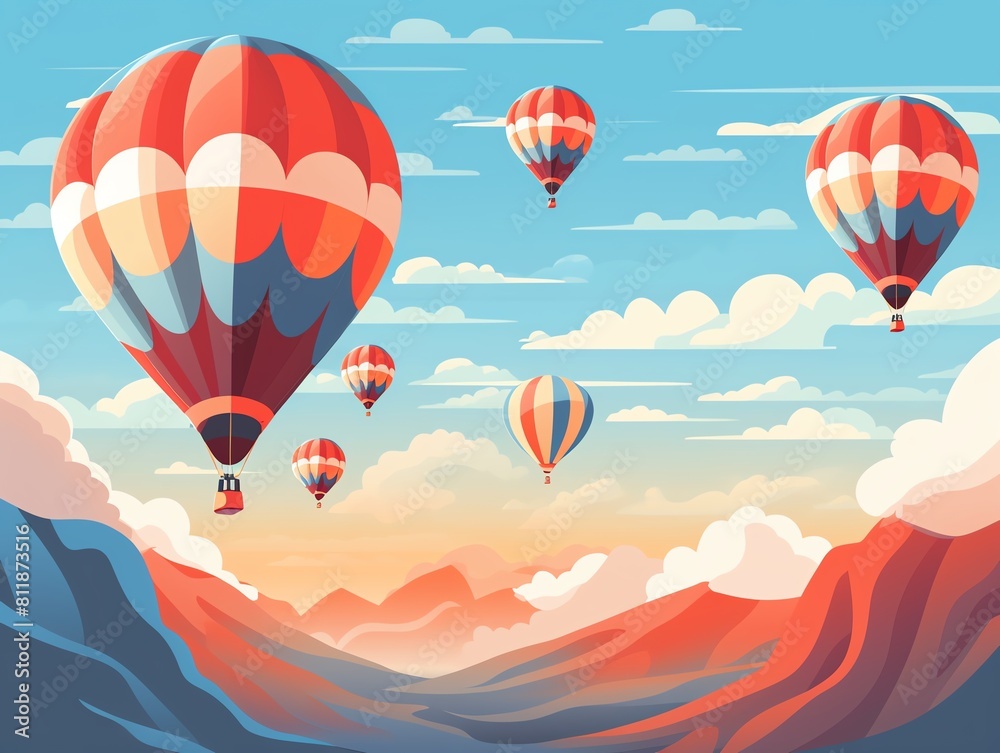 Obraz premium Hot air balloons in the sky flat design top view festival theme cartoon drawing Splitcomplementary color scheme.