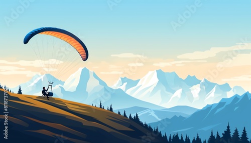 Paragliding over mountains flat design side view exploration theme animation Complementary Color Scheme.