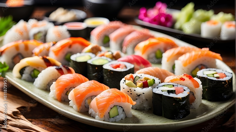 : A colorful platter of sushi rolls, beautifully arranged and ready to be enjoyed : A colorful platter of sushi rolls, beautifully arranged and ready to be enjoyed